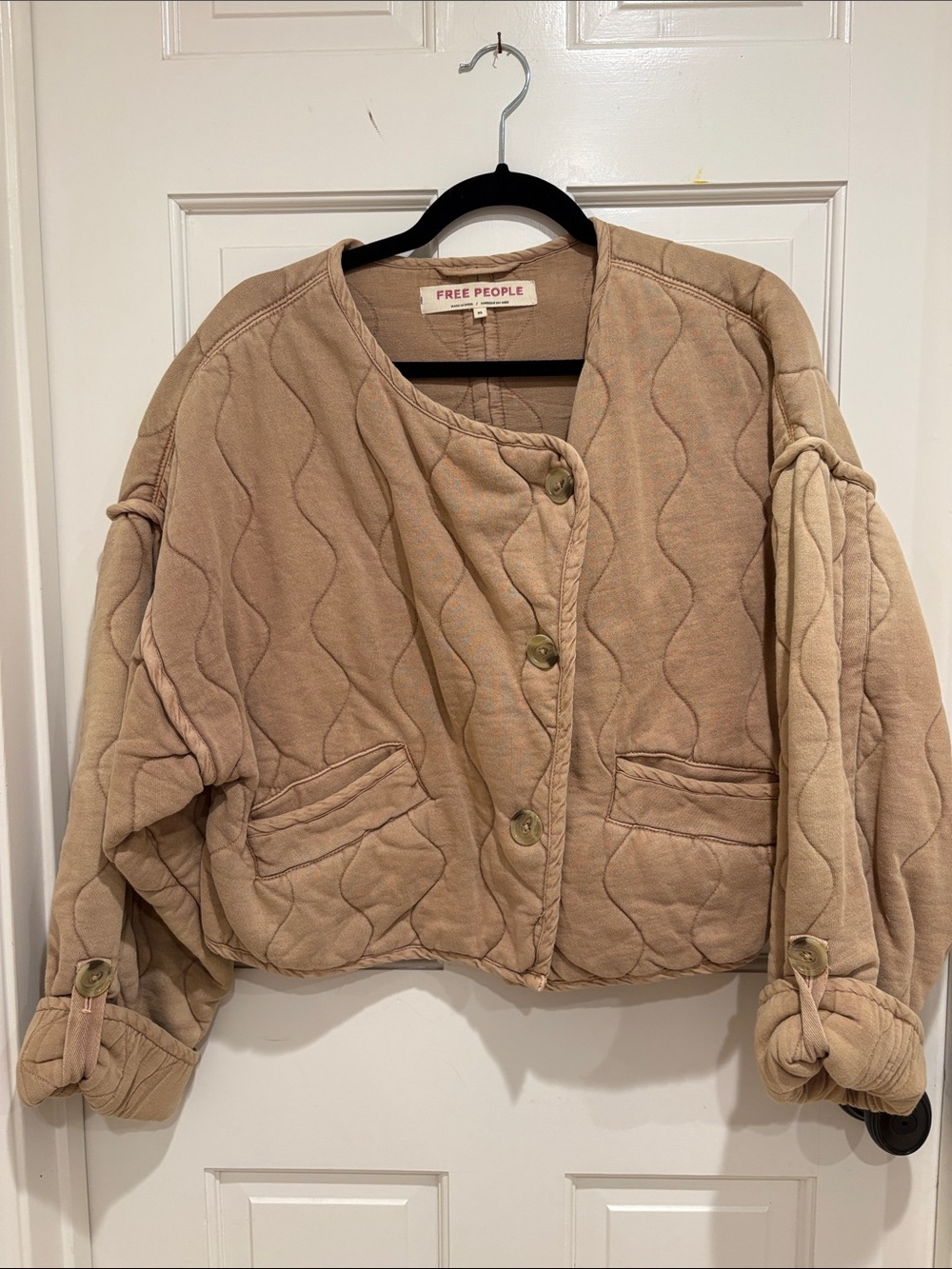 Free People Quilted Tan Cropped Button Jacket
